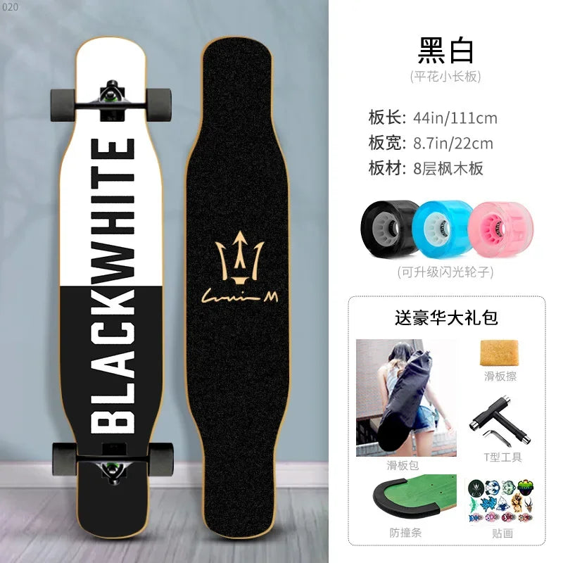 Longboard Beginner Boys and Girls Adult Professional Double Dancing Board 44in Teen Maple Quad