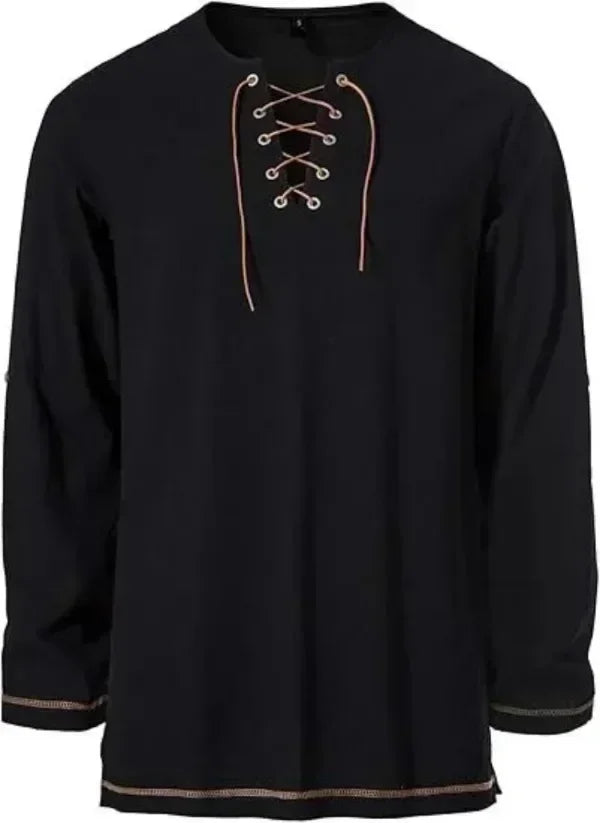 Men Medieval Lace Up Linen Long Sleeve Tunic Viking Pirate Renaissance Cosplay Shirt With Vintage Embossed Leather Belt