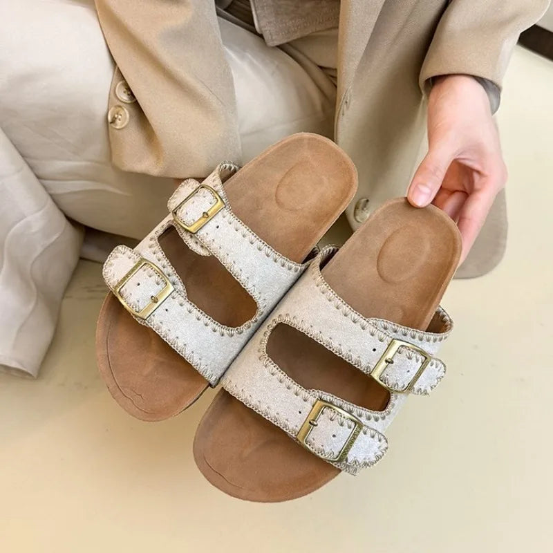 Women's Flat Slide Sandals Open Toe Suede Look Double Buckle Strap Slip on Whipstitch Detail Casual Summer Daily Walking Shoes