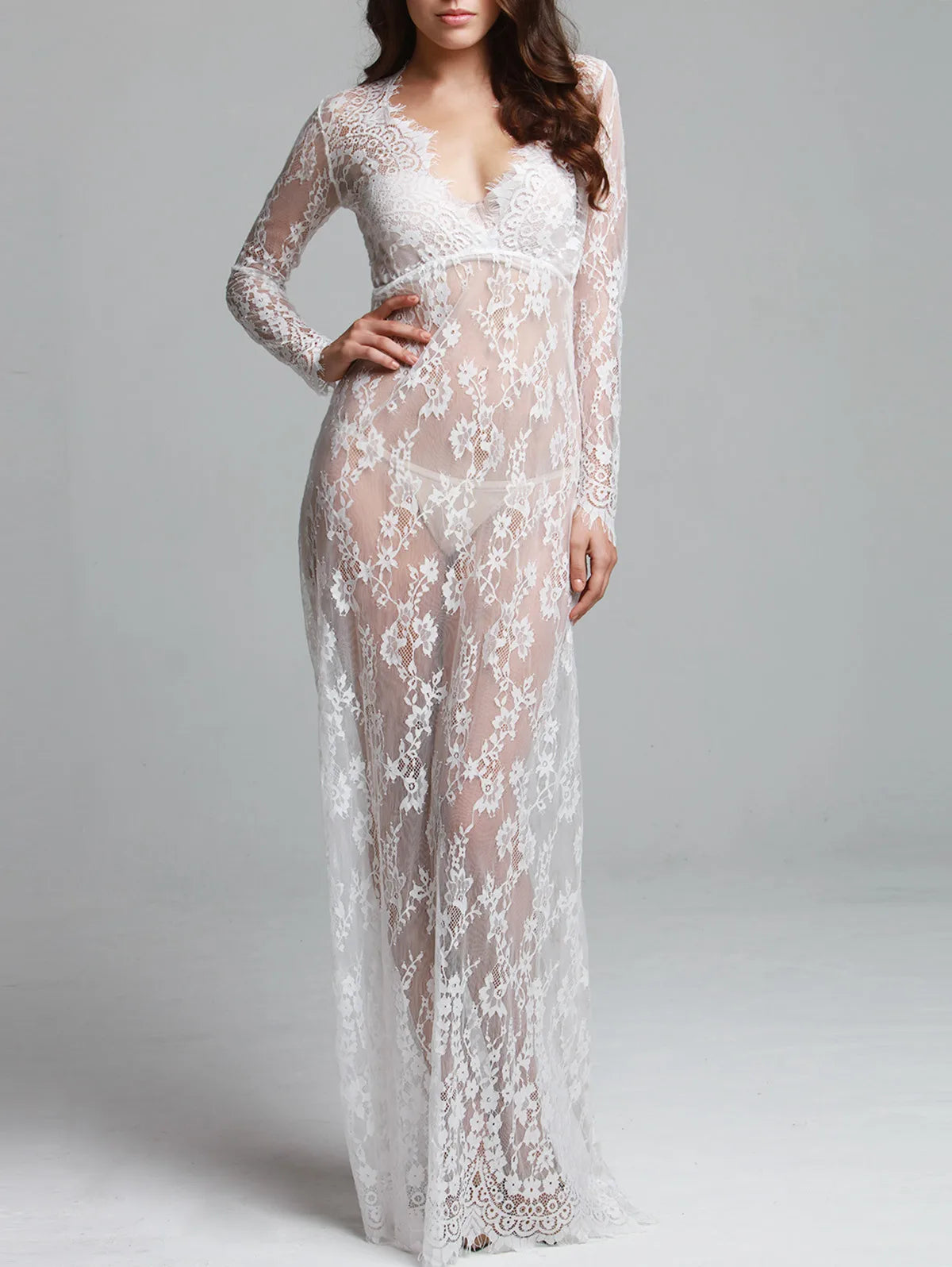 Women Through Floral V-Neck Elegant Lace long Dress Sexy Deep V Neck Casual Party Dress
