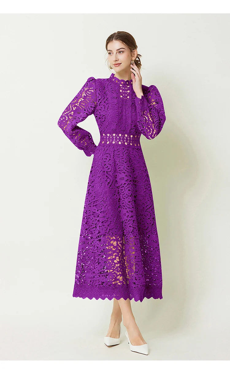 Solid Lace Holloe Out Slimming Elegant Dresses For Women Stand Collar Long Sleeve High Waist Minimalist Dress Female Fashion