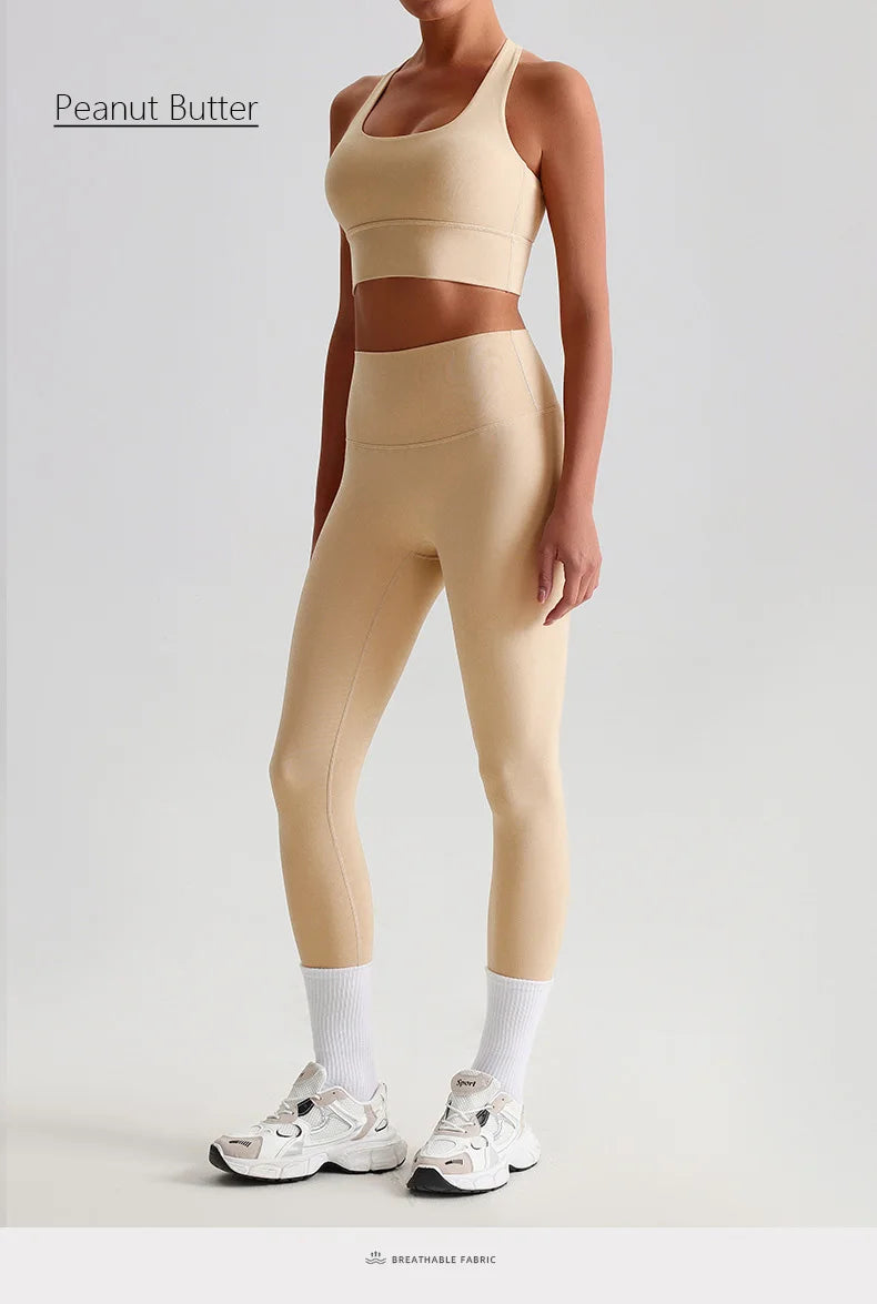 Naked Feel Yoga Set Women Fitness Sportswear 2 Piece Strappy Sports Bra High Waist Gym Leggings Workout Outfit Active Wear