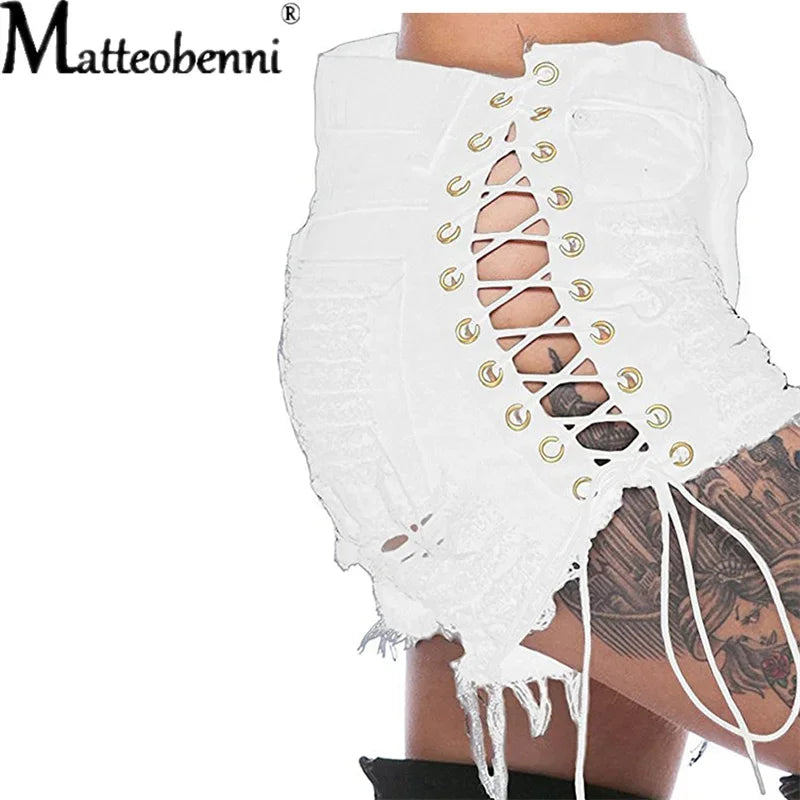 Sexy Ripped Tassel Jeans Streetwear High Waist Straight Denim Shorts 2025 Summer New Women Lace-Up Hole Hollow Out Jean Shorts