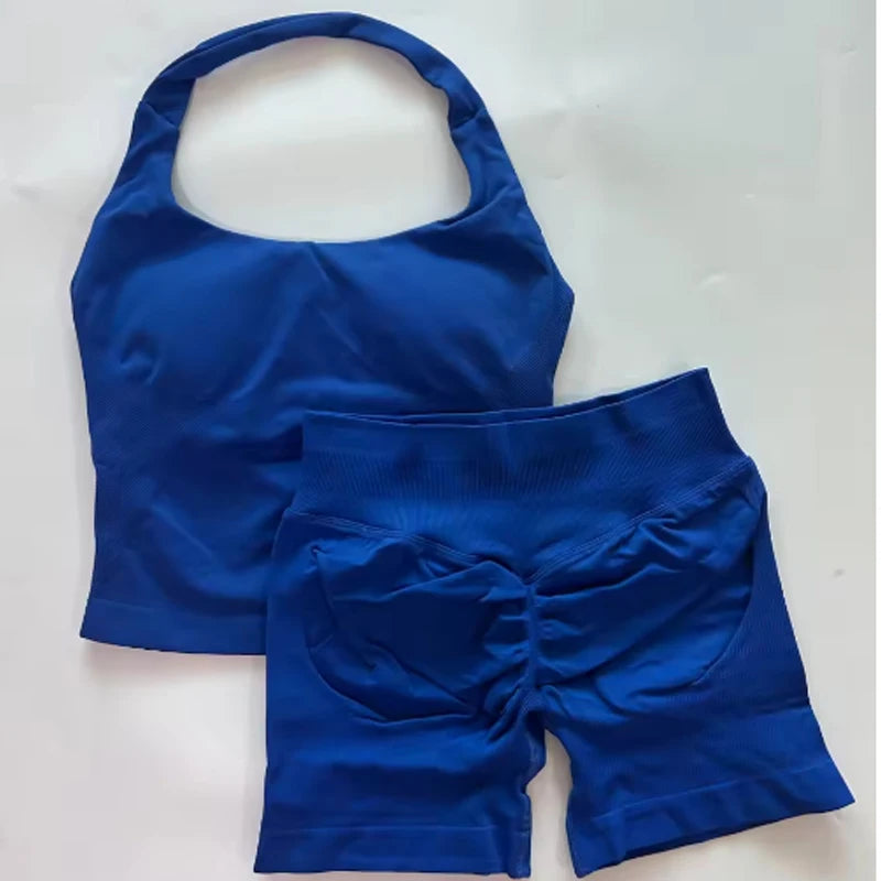 2DF-LOgo Women Halter 2Pcs Yoga Outfit PaddedCrop Tank High Waist Peach Butt ShortsSeamless Gym Pilates Sportswear