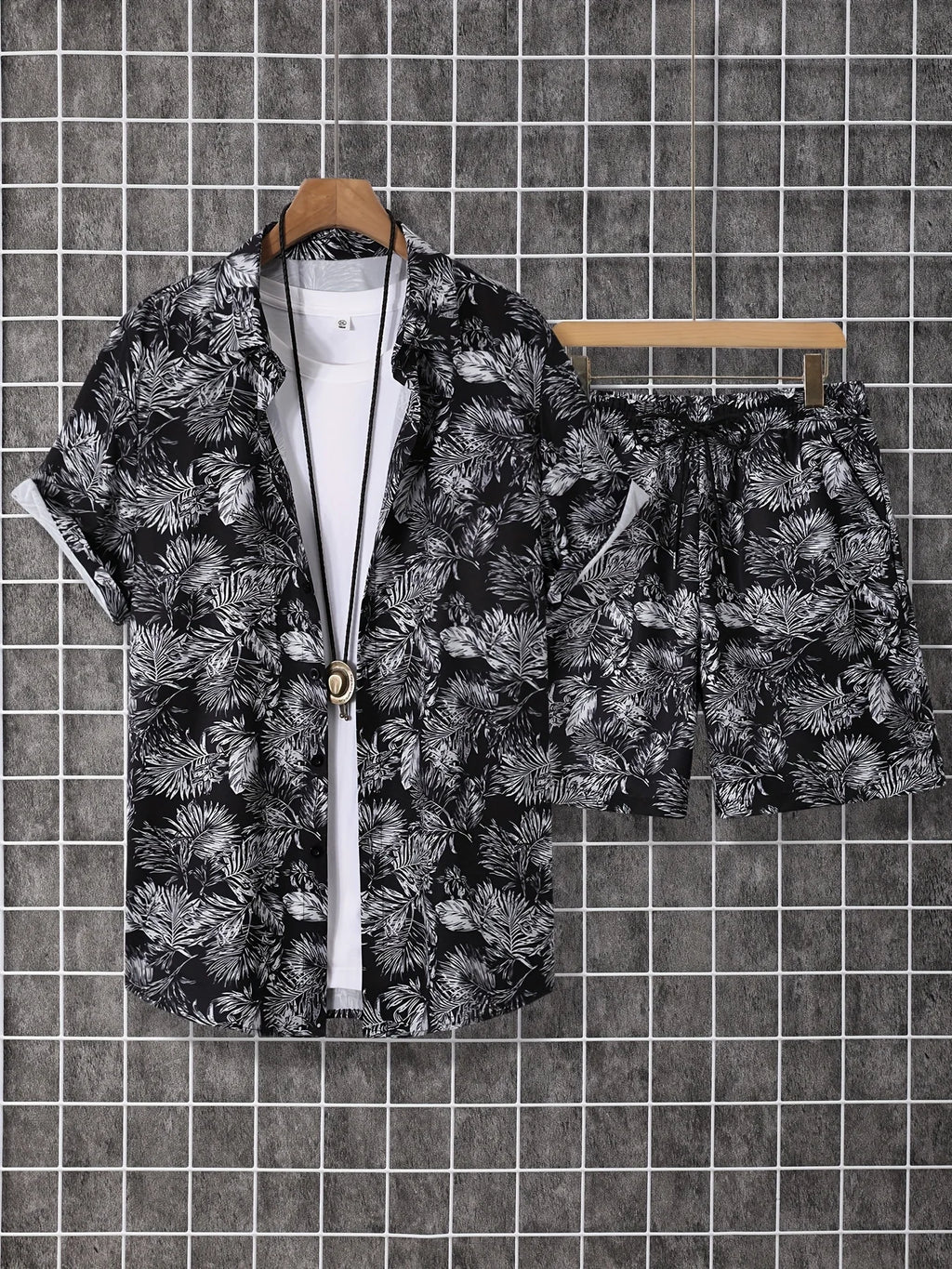 Hawaiian Shirt 3D Coconut Tree Print Short-Sleeve Shirt + Shorts Two-Piece Set Casual Beach Vacation Outfit Men's Clothing