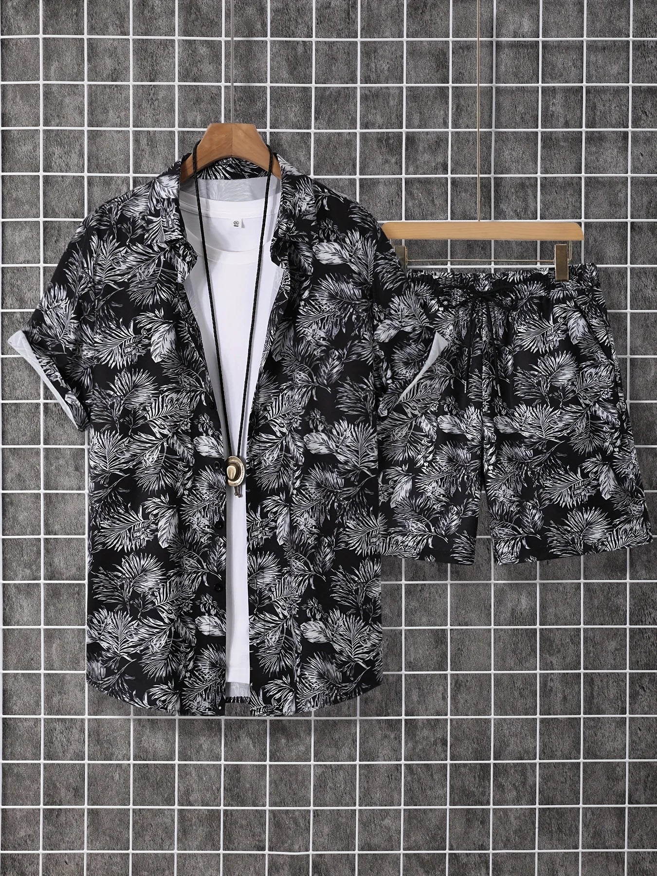 Hawaiian Shirt 3D Coconut Tree Print Short-Sleeve Shirt + Shorts Two-Piece Set Casual Beach Vacation Outfit Men's Clothing