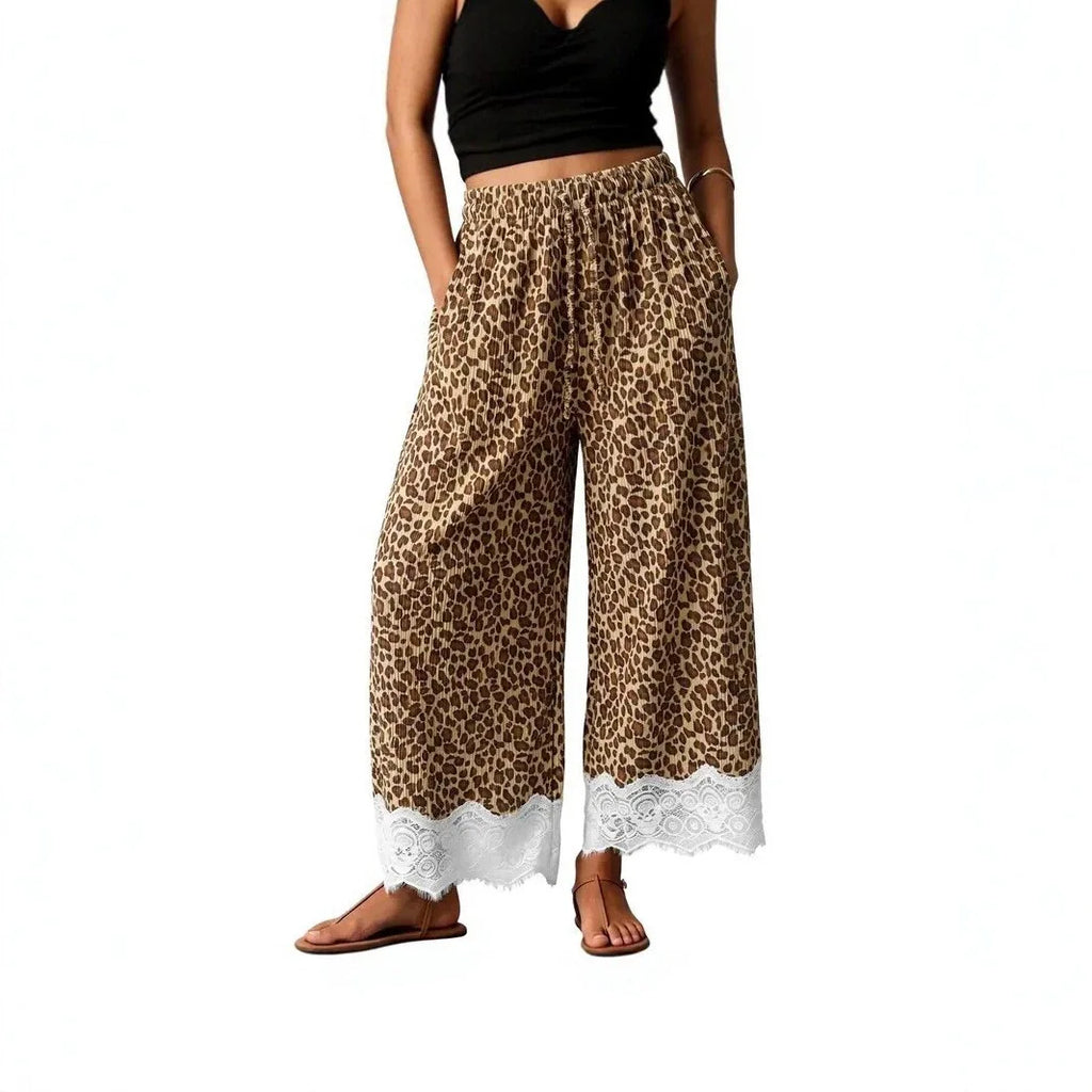 Women Leopard Print Wide Leg Pants Elastic Drawstring Waist Lace Trim Hem Loose Casual Palazzo Trousers With Pockets