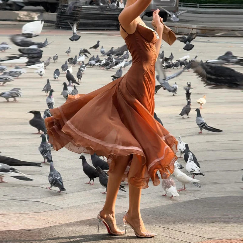 Elegant Pleated Women's Dress Sleeveless Backless Patchwork Waist-Closed Ruffle Hem Sling Maxi Dresses 2026 Summer Female Robe