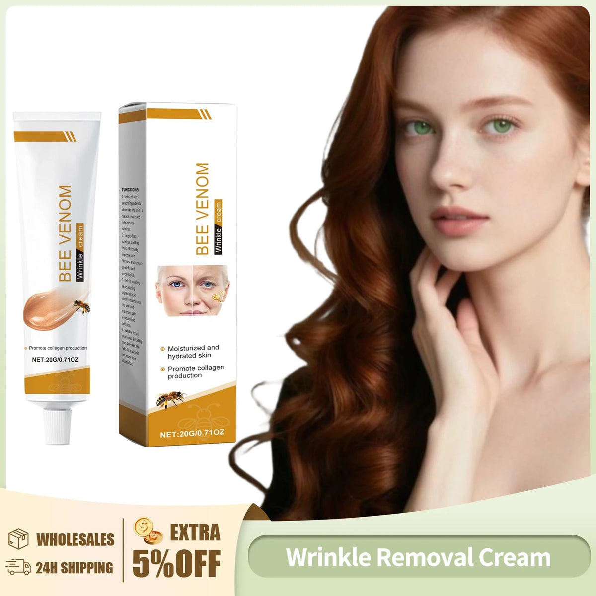 Wrinkle Removal Cream Firming Facial Lifting Moisturizing Deep Hydration Smoothing Fine Lines Repair Skin Bee Venom Cream 20g