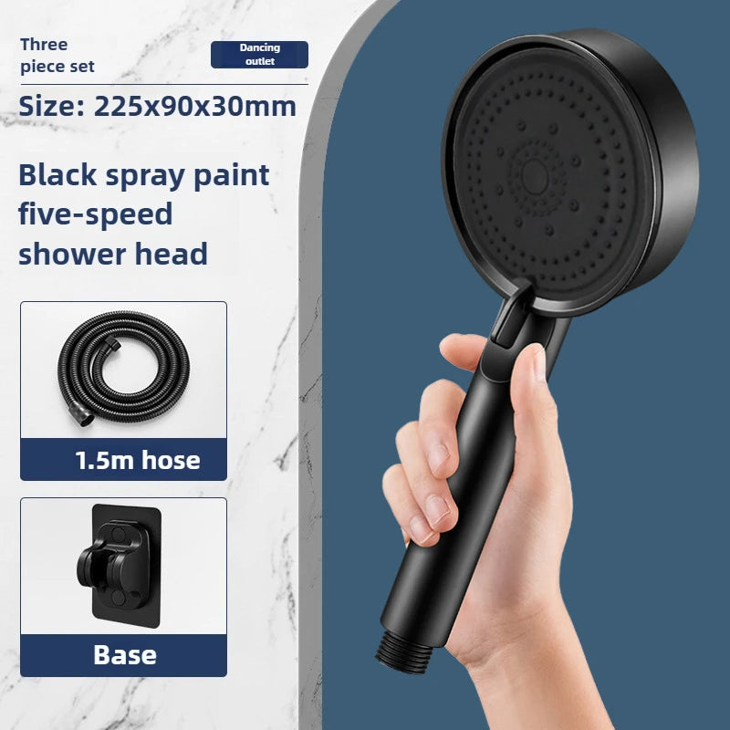 High-Pressure Handheld Shower Head with Stand and Hose - 5 Adjustable Water Flow Modes, Round Plastic Bathroom Accessory