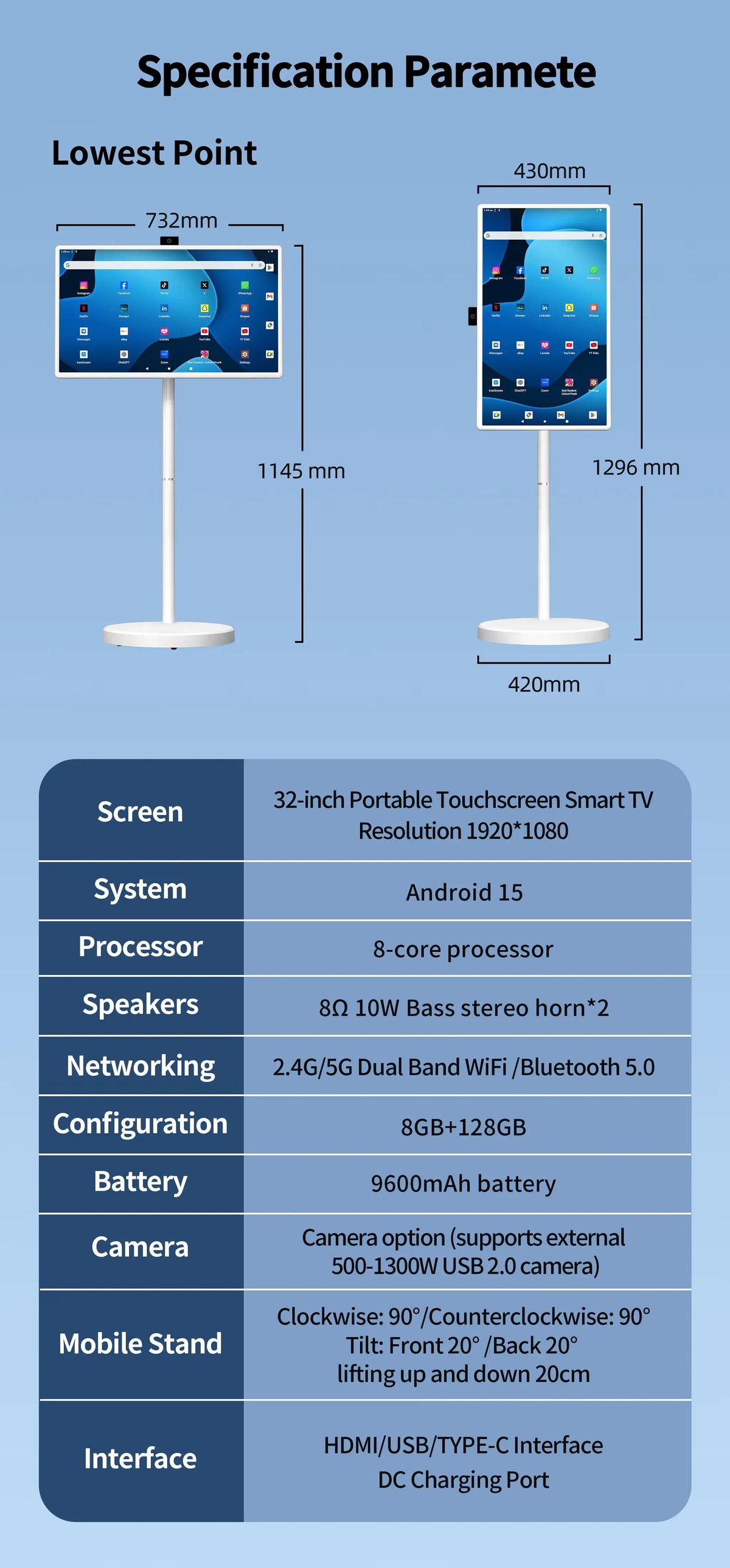 Smart TV, 6G+128G Floor Stand Tablet with Remote Controller 2K Camera Video Call, Inbuilt 148W Battery Power 32 Inch Android 15