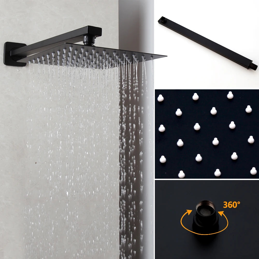 KEMAID Matte Black Rainfall Shower Faucet Systerm W/ Embedded Box Valve Wall Mounted Shower Faucets 2 Way Function Mixer Gold
