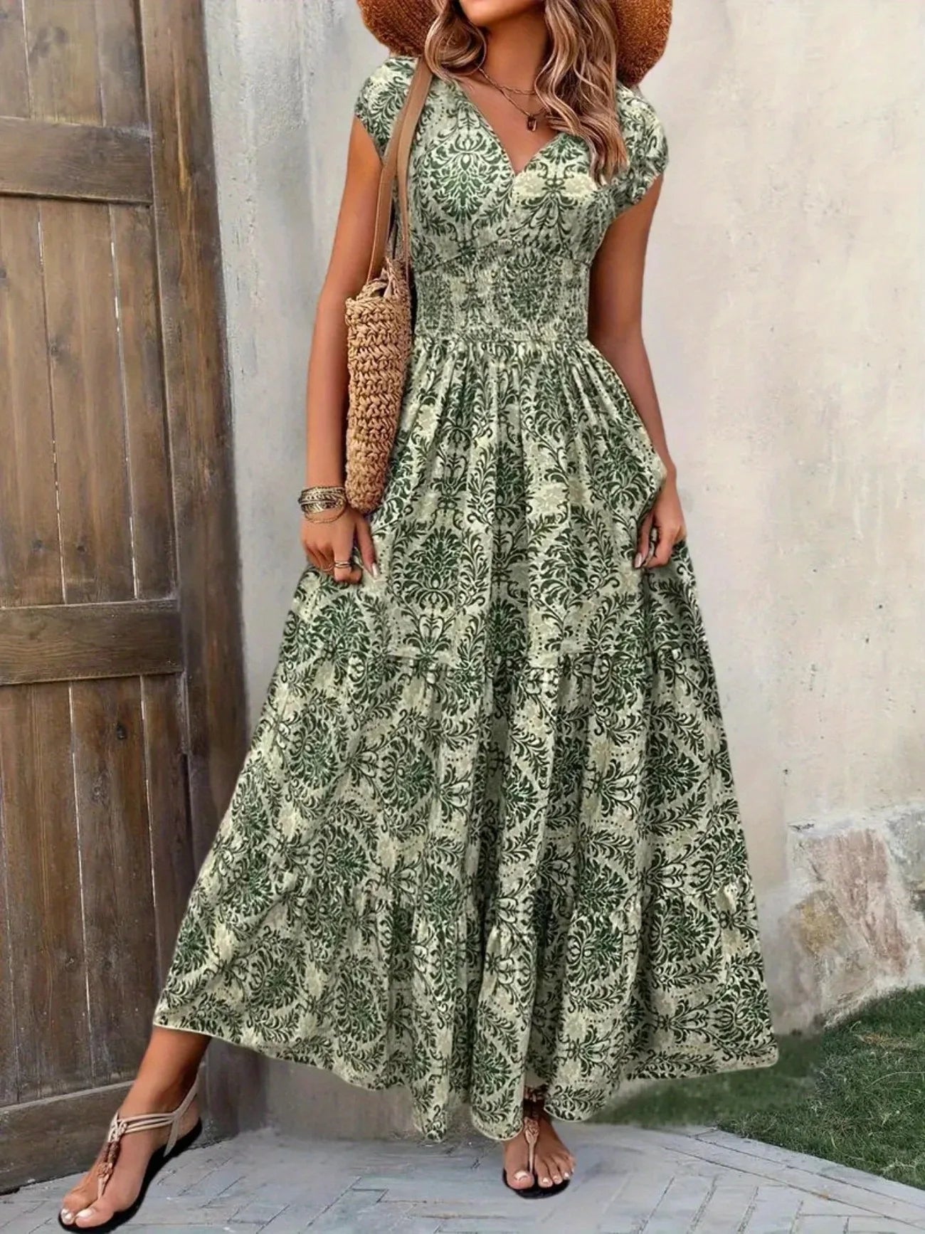Women's Summer Retro Fashion Floral Printed Sexy V-neck Short Sleeve High Waist Medium Length Bohemian Loose Holidays Dresses