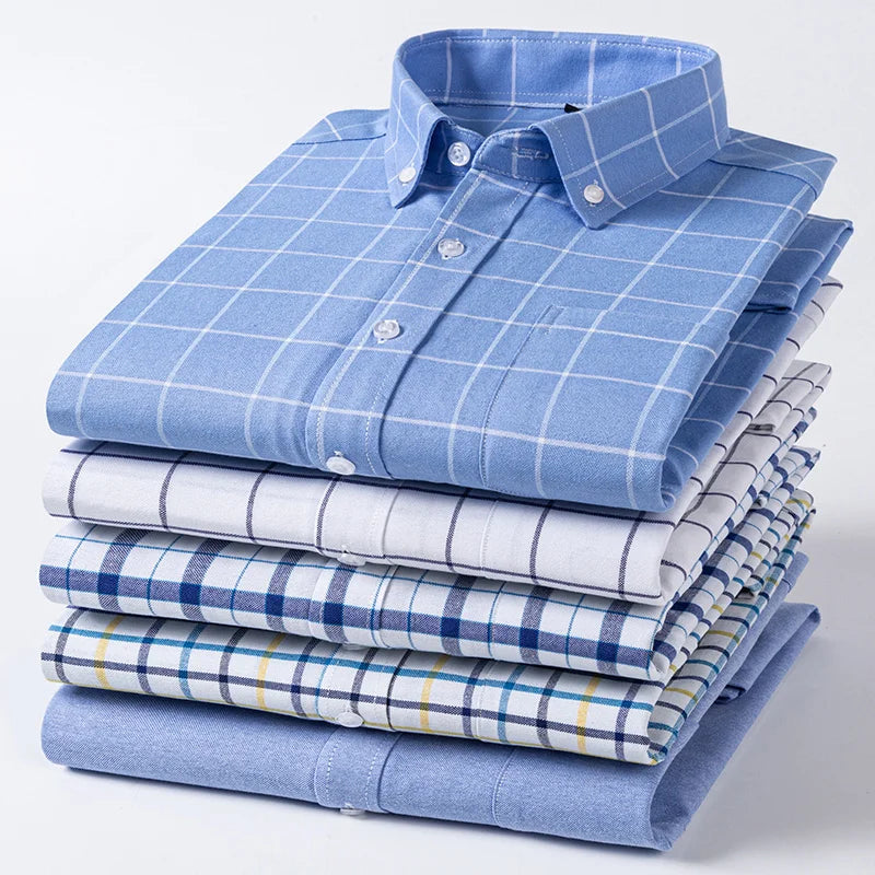 2025 Men's Social Shirt Pure Cotton Oxford Luxury Brand Thin Soft Buttoned Plaid Formal Work Western Clothing