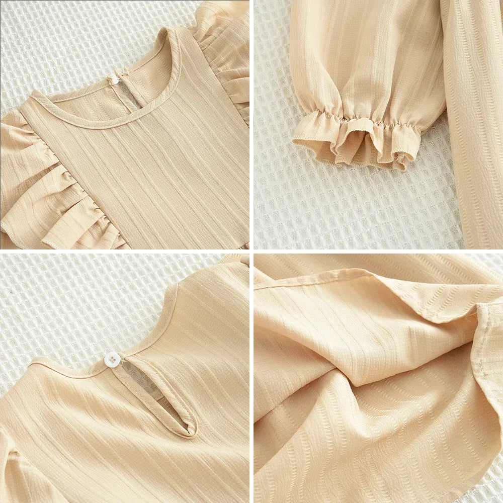 Plain Casual Girls Dress Autumn Long Sleeved Pleated Kids Dresses for Girls Pink Clothes Fashionable New Children's Clothing