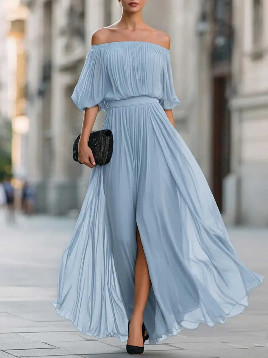 Elegant Women's Long Dress Off-the-shoulder Chiffon Evening Dress Sexy Ruched Slit Flowing Skirt Fashionable Party Holiday Dress