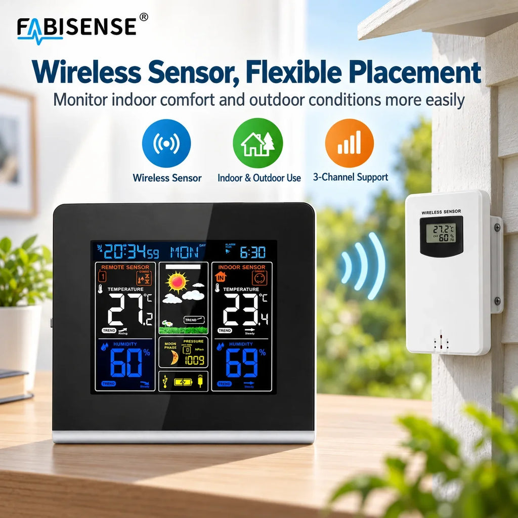FABISENSE Wireless Weather Station with Indoor Outdoor Sensor Thermometer Hygrometer, Forecast Barometer Moon Phase, USB Powered