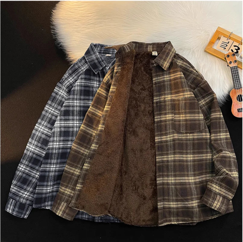 New 2026 Autumn and Winter Plus Velvet Thick Warm Plaid Shirt Men's Long Sleeved Japanese Retro Trend Loose Casual Shirt Jacket