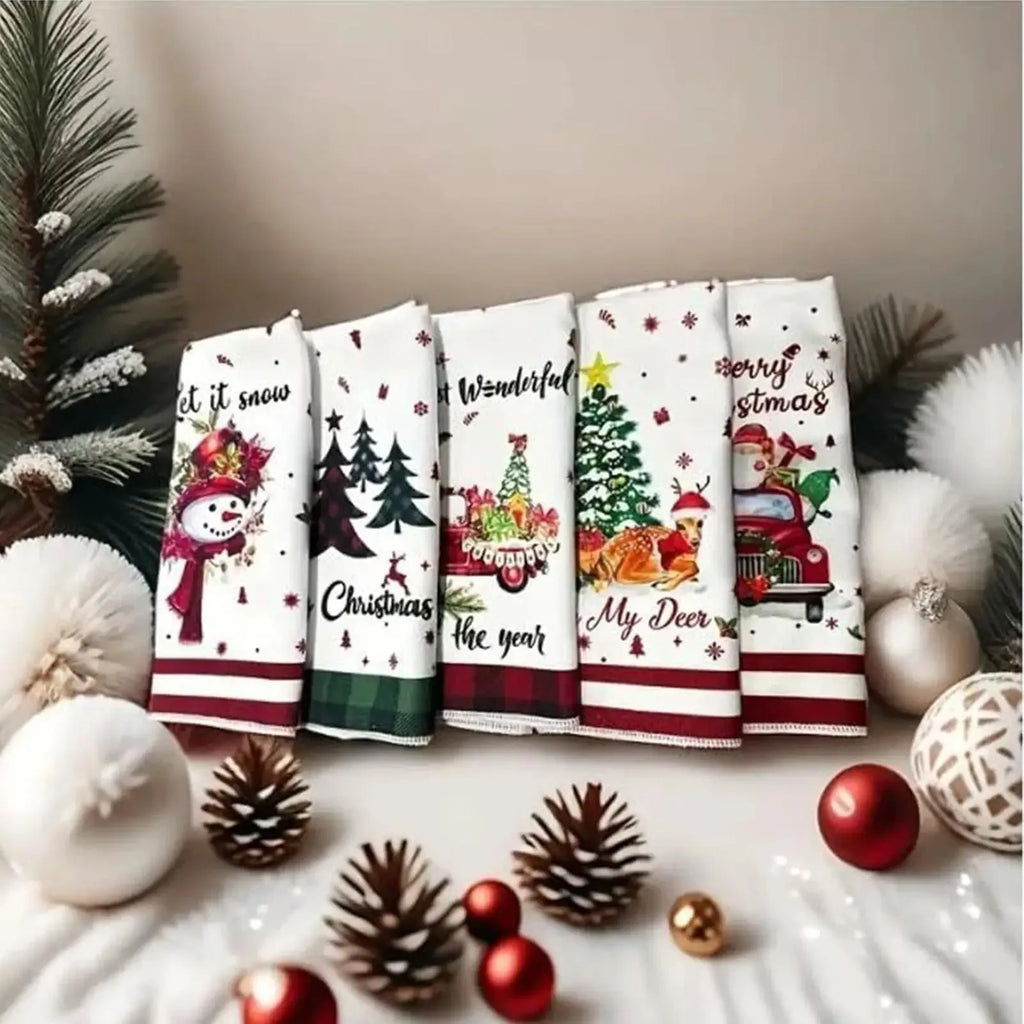 5 Christmas Kitchen Towels, Holiday Dishcloths, Santa Claus, Reindeer, Snowman, Christmas Towels, Holiday Parties, Family Meals