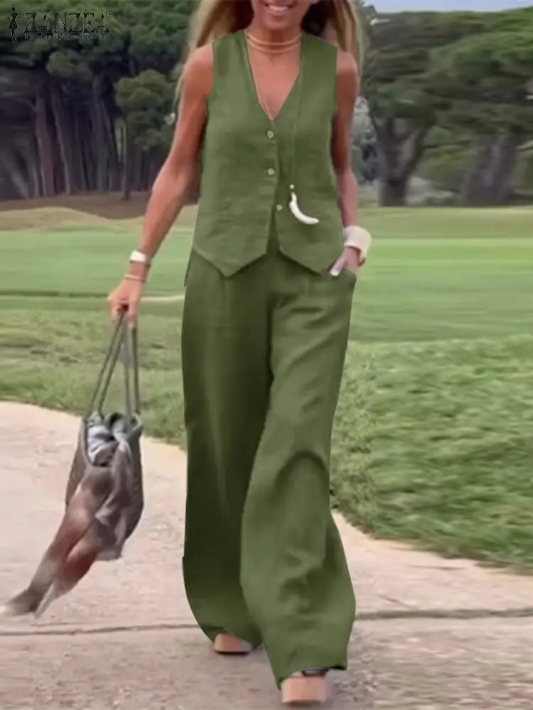 ZANZEA 2026 Women's Two-Piece Sets Wide Leg Pants & Vest Tops Summer Elegant Casual Pant Suits Outfits Office Work Plus Size 5XL