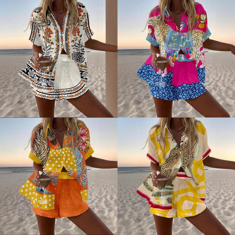Fashion Print Beach Holiday 2-Piece Set Women Summer Short Sleeve Shirt Top + Wide Legs Short Women's Oversized Two-Piece Outfit