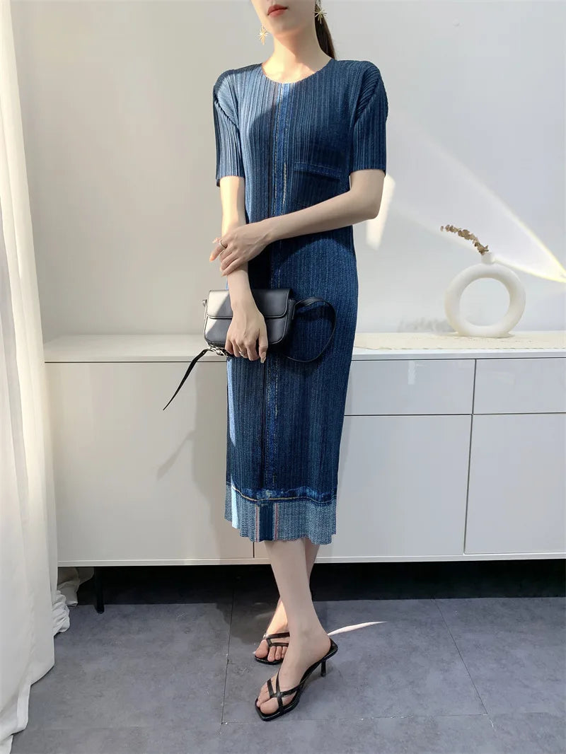 Miyake Pleated Imitation Denim Dress 2025 Summer New Mid-length Slim and Thin Short-sleeved Pleated Skirt