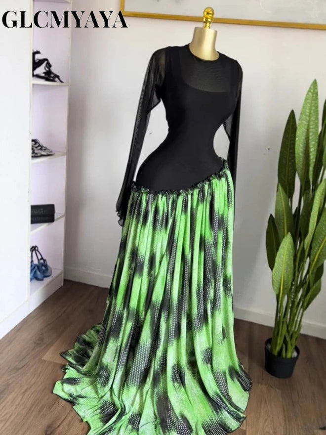 GLCMYAYA Women Mesh Print Full Sleeve O-neck Elegant Long Maxi Dress Fall Birthday Holiday Evening Sexy Party Dresses Vestidos