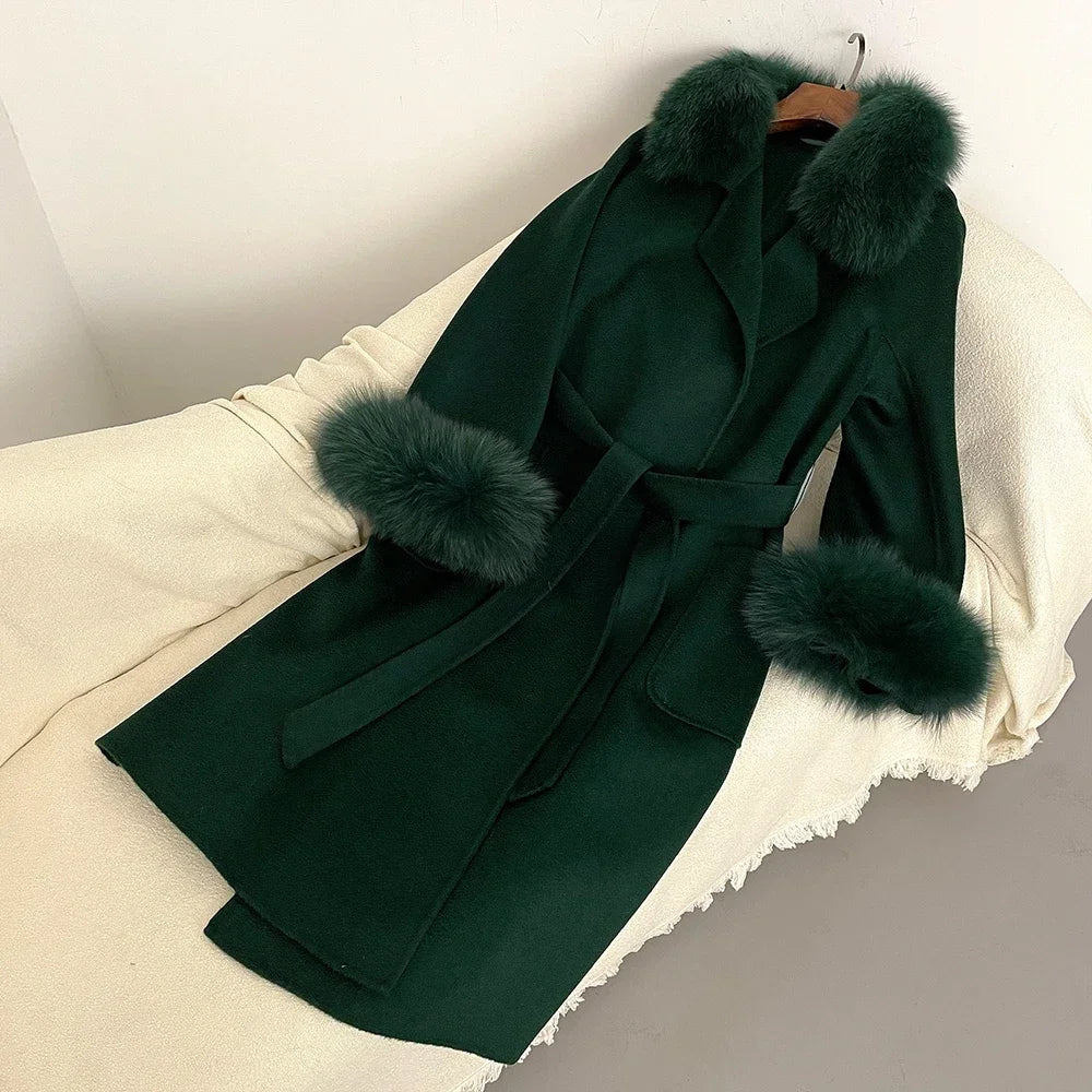 Fox Fur Coat for Women Wool Woolen Natural Real Fox Fur Collar Winter Jacket Ladies Belt Warm Outerwear Streetwear 2024