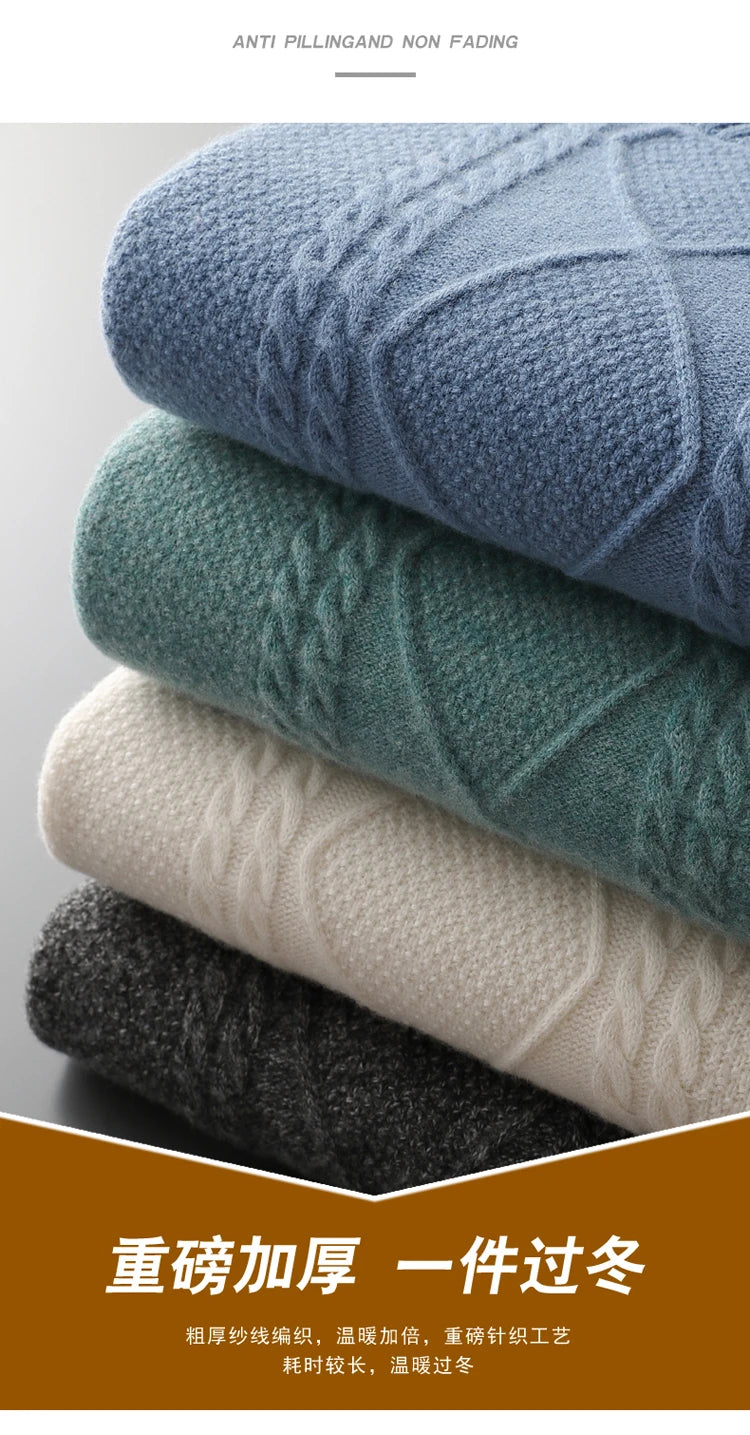 2025 Winter Turtleneck 100% Merino Wool Knitted Sweater Men's Lapel Jacquard Thicken Pullovers Fashion Loose High-End Base Shirt