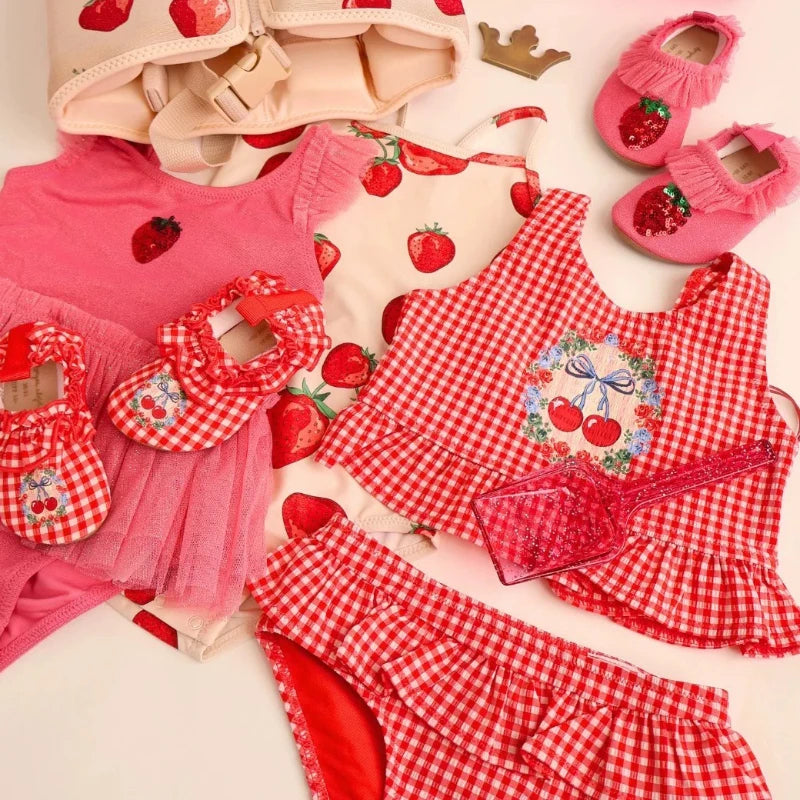Baby Swimwear KS Brand 2026 New Summer Girls Swimsuit Cute Cherry Kids Baby Outfit Set Holiday Beach Bikini Children Clothing