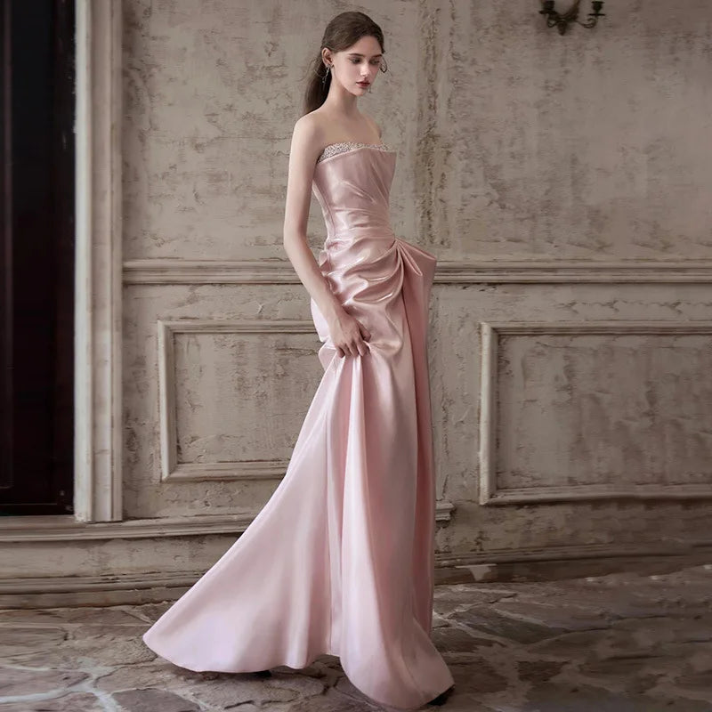 Pink Strapless French Evening Gown 2026 New High-end Annual Meeting Host Engagement Banquet Bride Toast Costume Customization