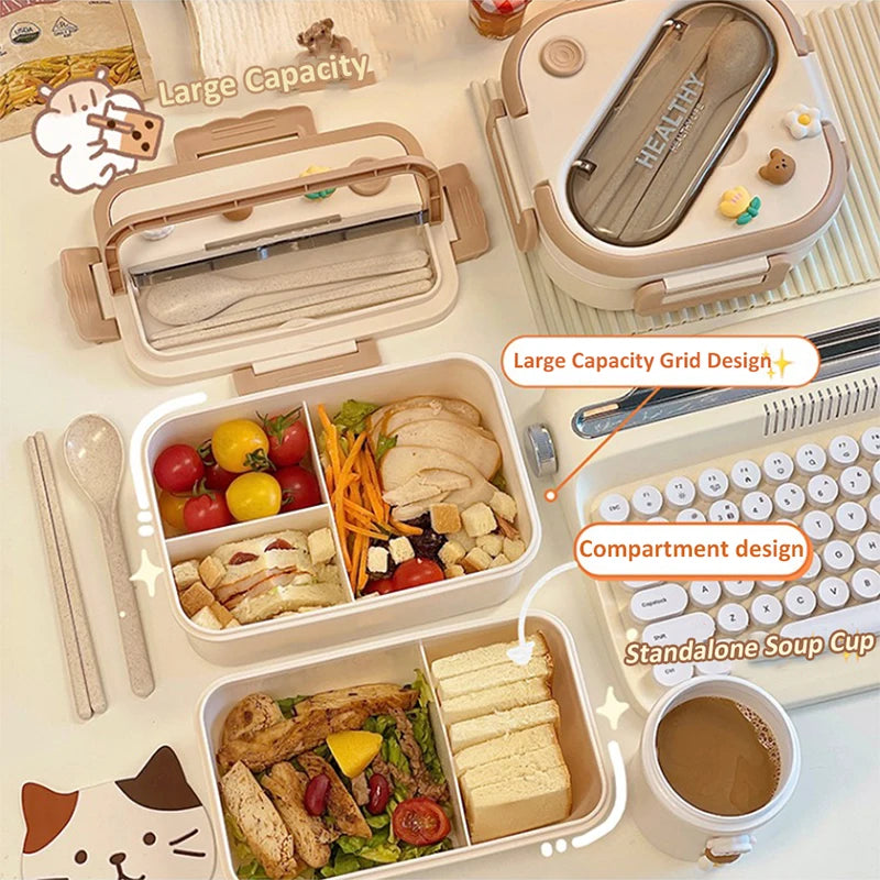New Kawaii Lunch Box For Girls Portable School Kids Plastic Picnic Bento Box With Compartment Microwave Food Storage Containers