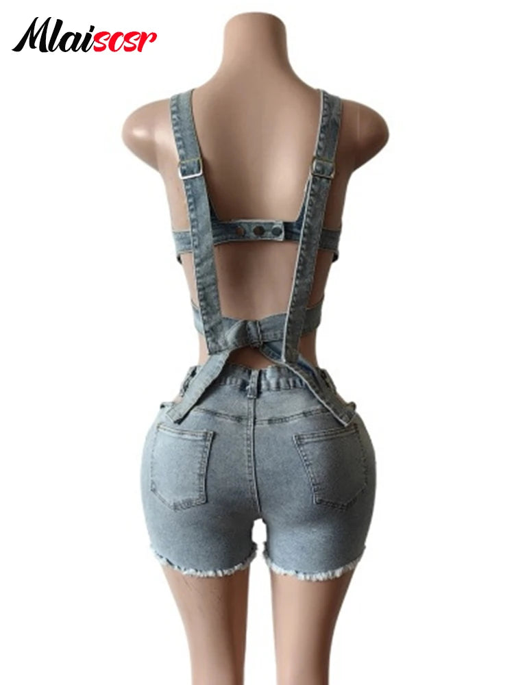 Mlaiscsr Denim 2 Piece Set Women Jeans Suits Sexy Hollow Out Bandage Tank Crop Tops and Shorts Beach Party Y2K Night CLubwear
