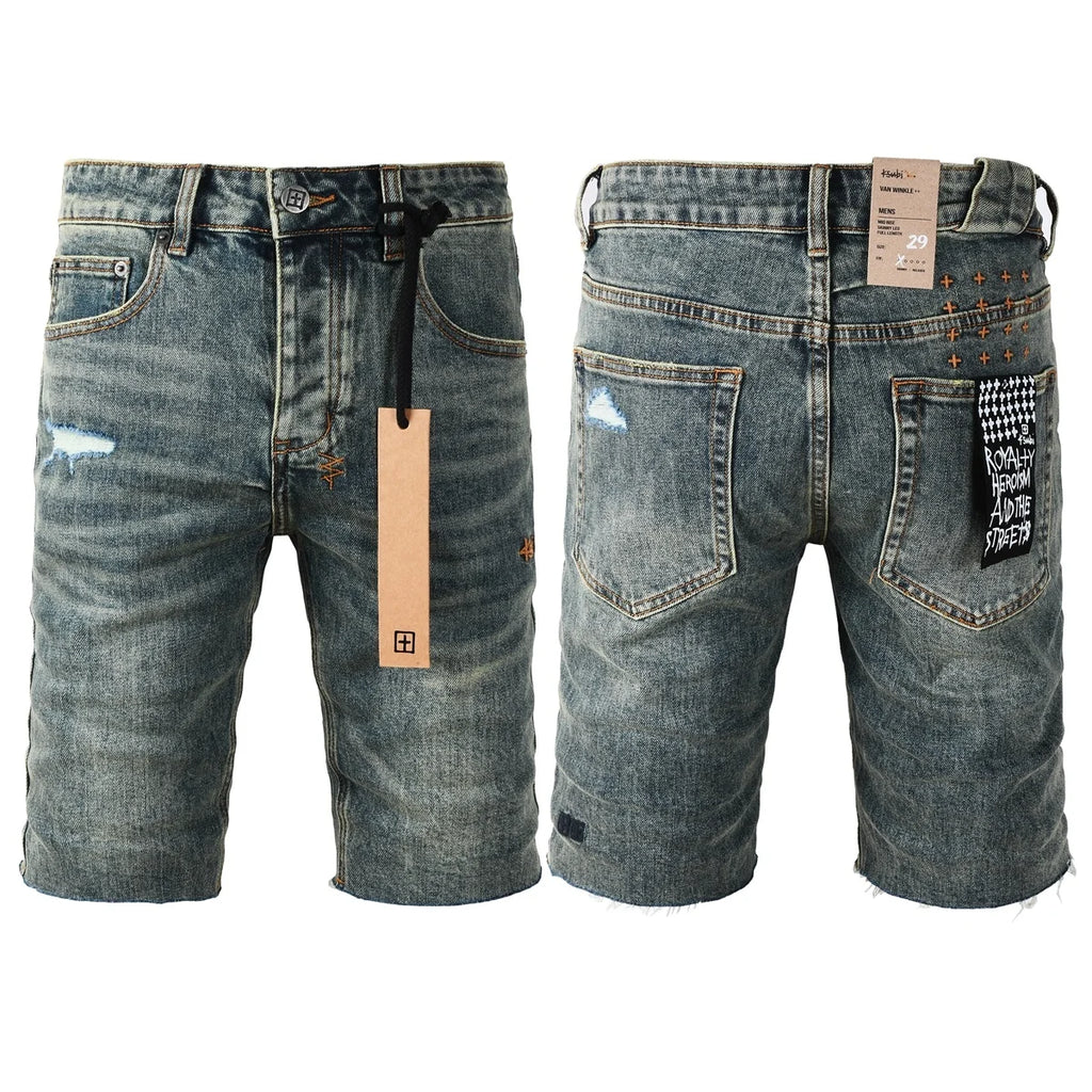 2026 Hot New Men's Blue Acid Washed Denim Shorts Distressed Ripped Embroidered Slim Fit Casual Shorts Streetwear Bottoms