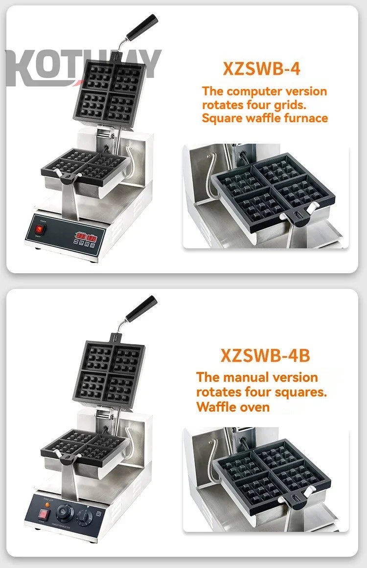 Industrial Stainless Steel Non-Stick Belgian Waffle Maker Four Grid Electric Baking Tray Heating Both Grain Processing Machinery
