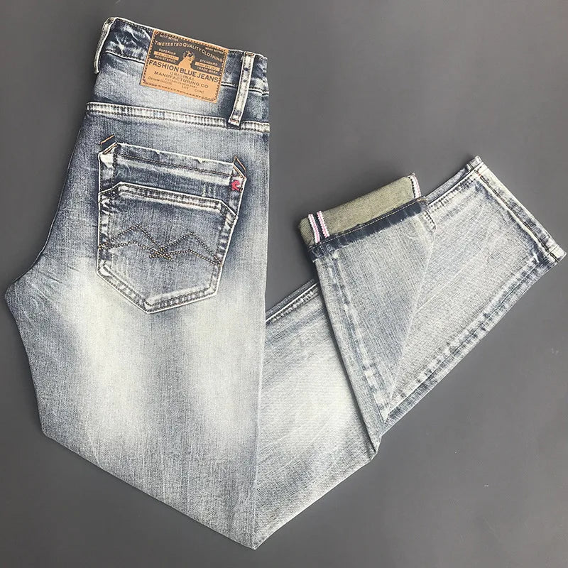 New Trendy Brand Jeans for Men Spring Autumn Slim Fit Small Feet Elastic Water Washed Retro Trendy Casual Long Pants