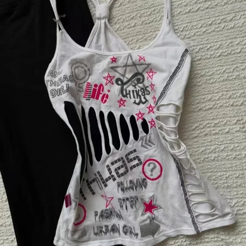 Women's Sexy Hottie Camisole American Retro Hollow Design Halter Vest Harajuku Street Letter Print Tanks Female Slim Short Tops