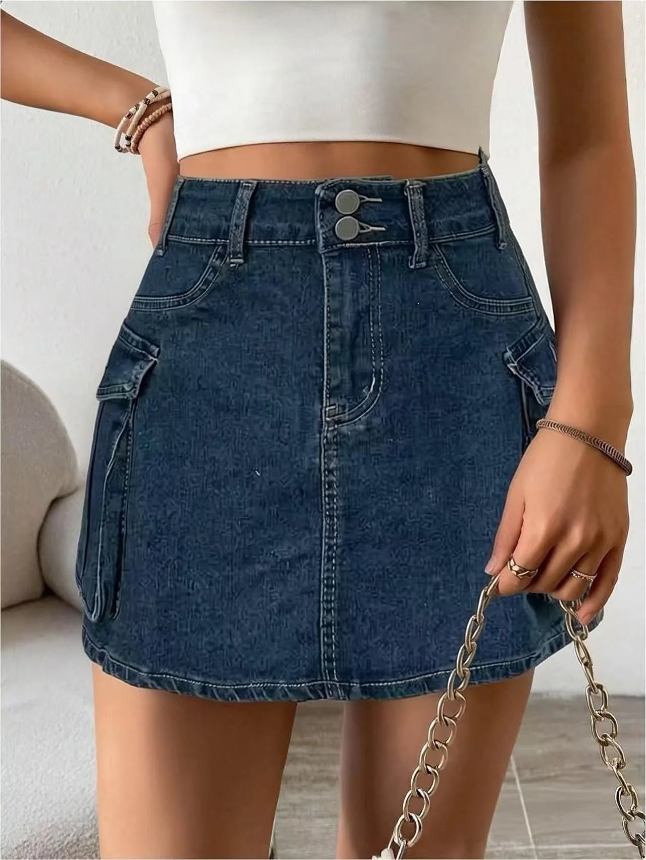 Sexy Women High Waist Cargo Denim Mini Skirt Double Button Multi Pocket A Line Short Skirt Y2K Streetwear Casual Jean Dress