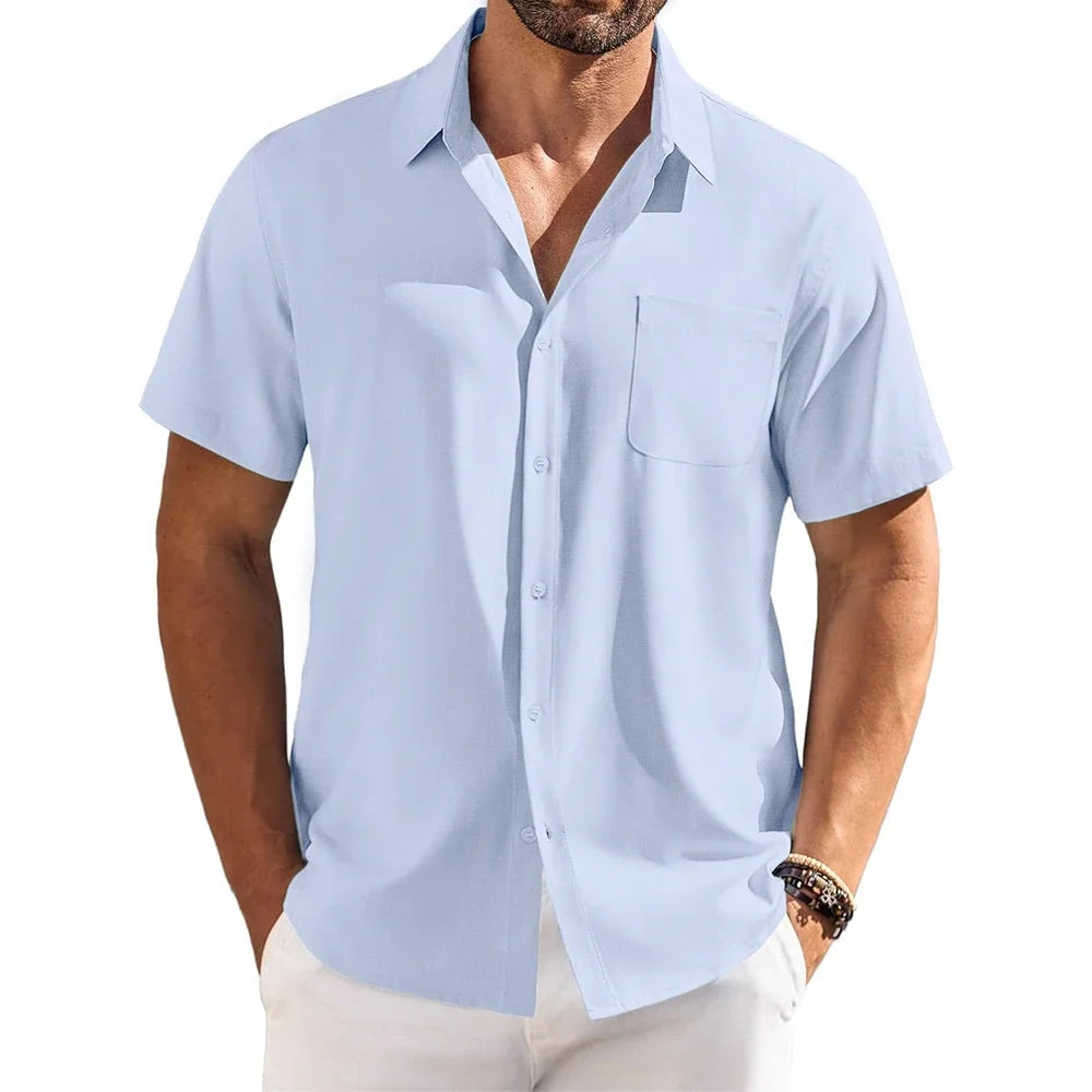 Cotton Linen Breathable Shirt for Men Solid Color Turn Down Collar Male Stylish Summer Short Sleeve Shirts Fashion Clothing