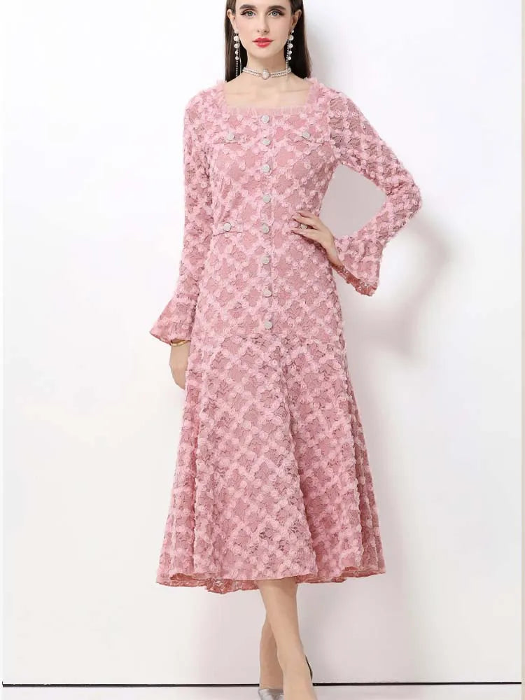 Elegant Square Neck Lace Three-Dimensional Flower Trumpet Sleeve Slim Fit Dress 2025 New Fashionable Autumn Women'S Clothing