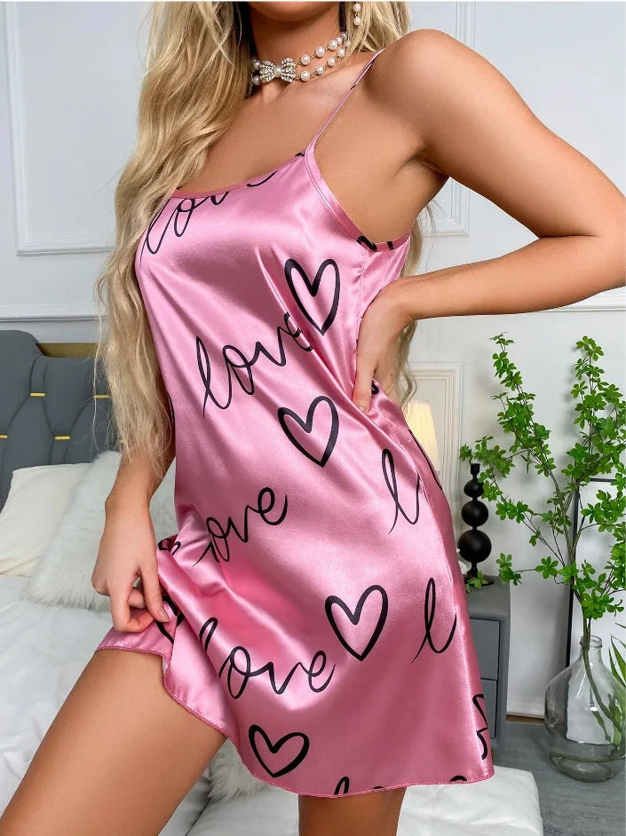 Sleepwear Women's Sexy Lingerie Heart Print Nightdress Scoop Neck Criss Cross Back Sleepdress Nightgowns Pajamas Nighties