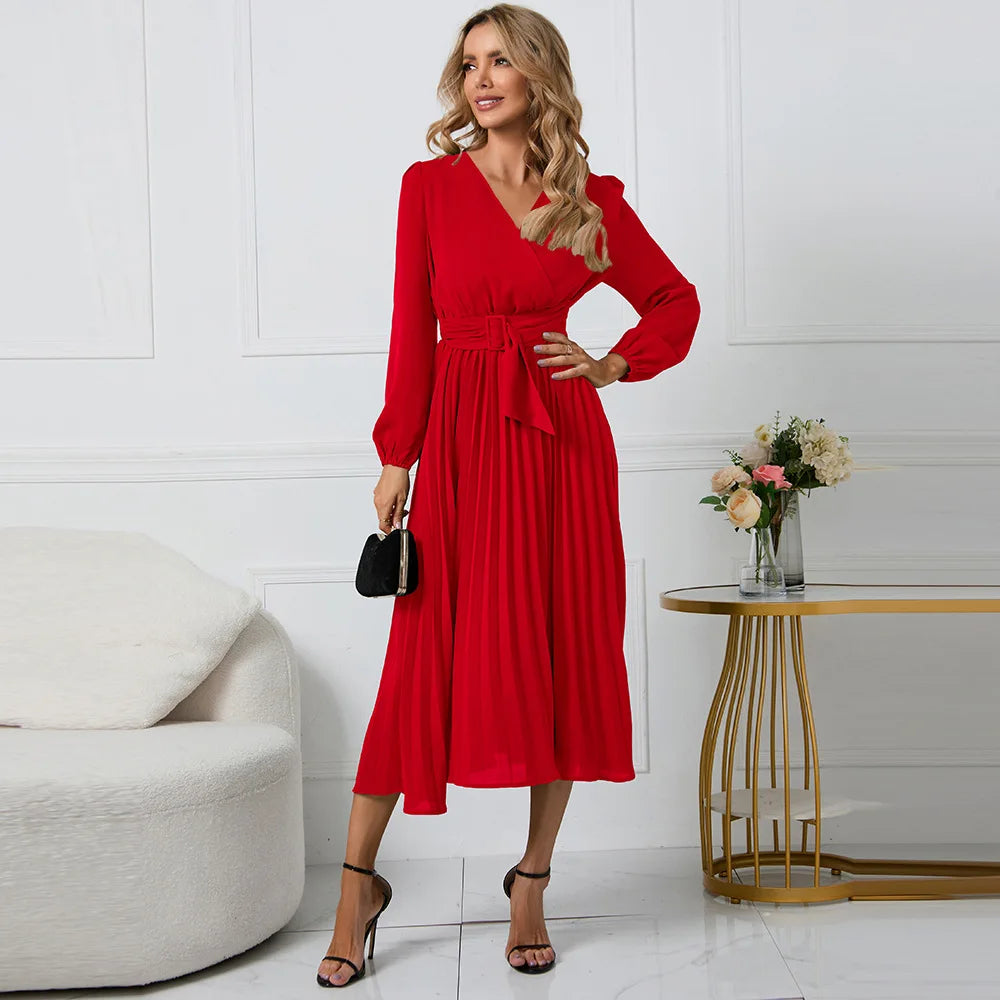 Elegant Women's Green Chiffon Autumn/Winter Long Sleeve Slim Fit Pleated Dress Fashion Women's V-neck Belt Party Dresses S-2XL