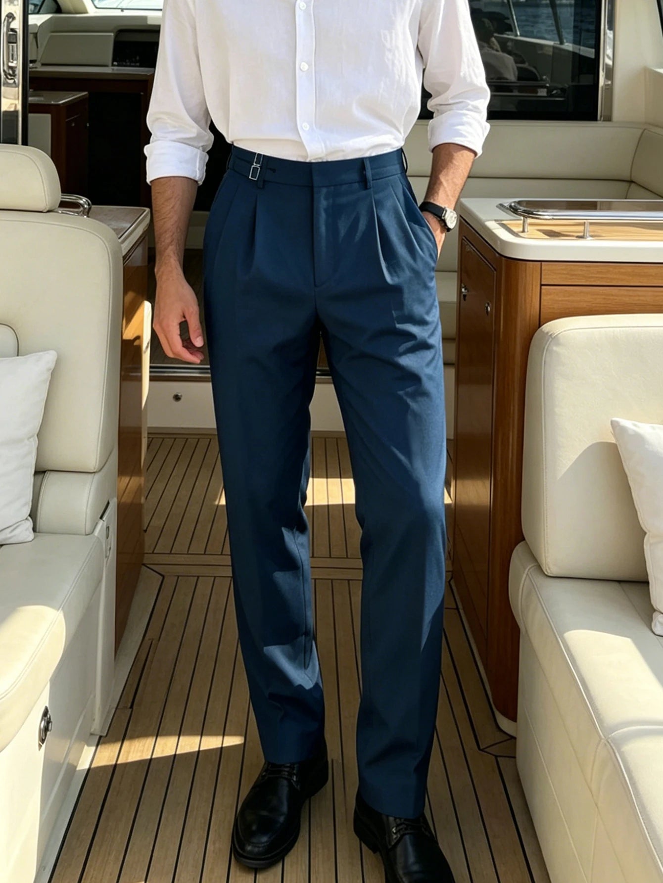 Men’s Solid Color Button Detail Naples Pleated High Waist Wide Leg Suit Pants, New Spring Autumn Elegant Light Business Trousers