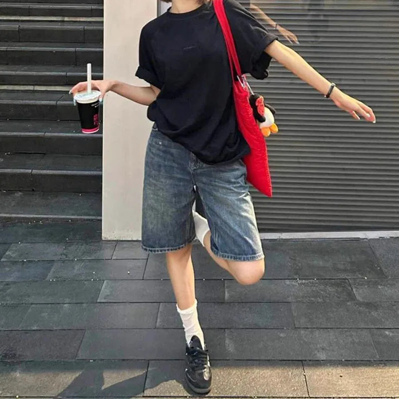 High Waisted Loose Denim Shorts Women Vintage Streetwear Wide Leg Knee-length Jeans Summer Casual Wide Leg Jean Shorts