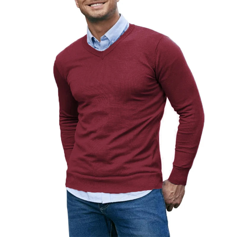 Men's V Neck Sweater Knitted Pullover Casual Soft Lightweight Long Sleeve Dress Sweater Autumn Breathable Slim Fit Sweaters