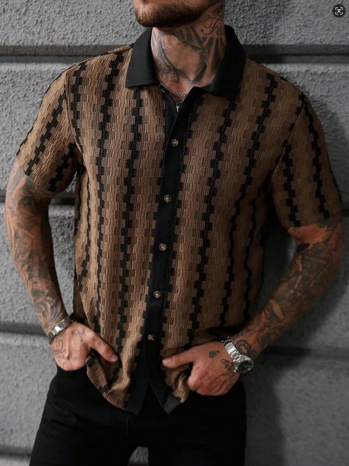 Classic Plaid Striped Knitted Shirt Men Summer Short Sleeve Button Down Turn-down Collar Vintage Slim Fit Knit Cardigan Tops