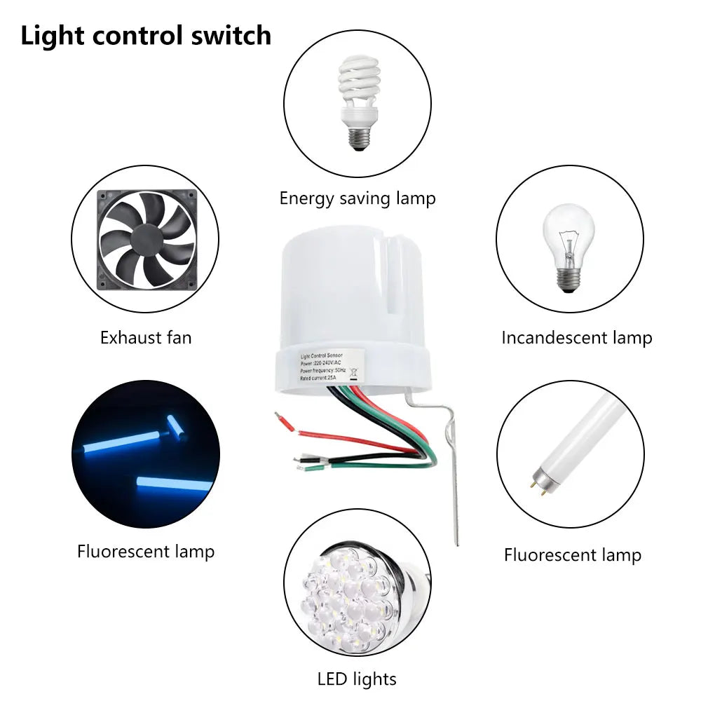 AC220-240V 25A Smart Switch Rainproof Sensor Outdoor Street Lamp Light Switch Controller Adjustable Photoelectric Anti-interfere