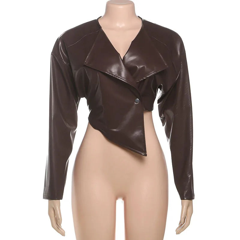 Joskaa 2025 Fall Women's PU Leather Jackets Fashion Solid Lapel Full Sleeve Slim Irregular Crop Coats Outerwear Y2K Streetwear
