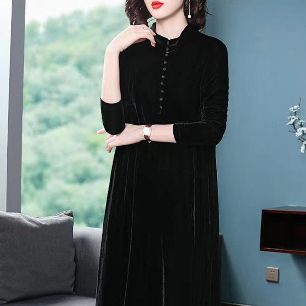 Women Fall Dress Solid Color Loose Long Sleeves Button Maxi Dress Keep Warm Velvet Mom Spring Dress Women Clothes