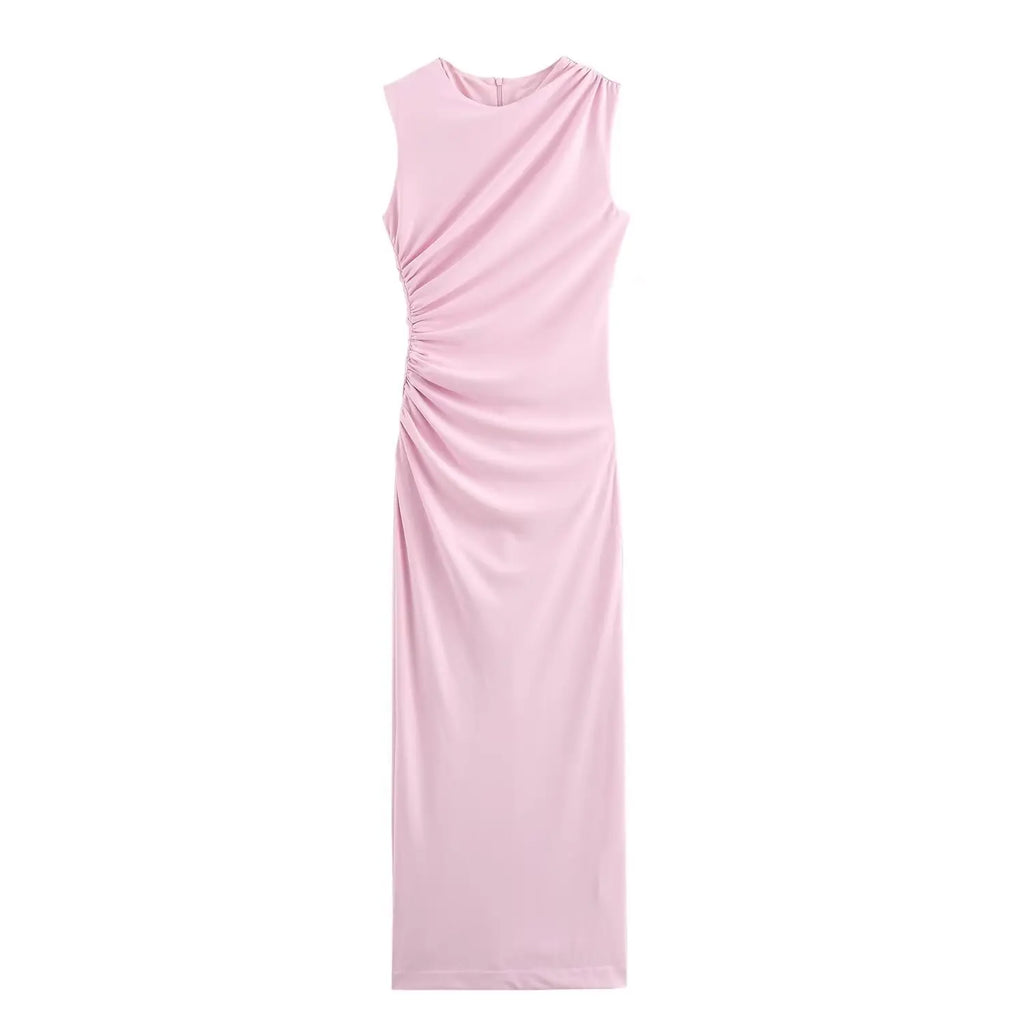 BSAY Women Fashion Summer New White Pleated Back Zip Sleeveless Crewneck Vest Long Dress Chic Female Elegant Evening